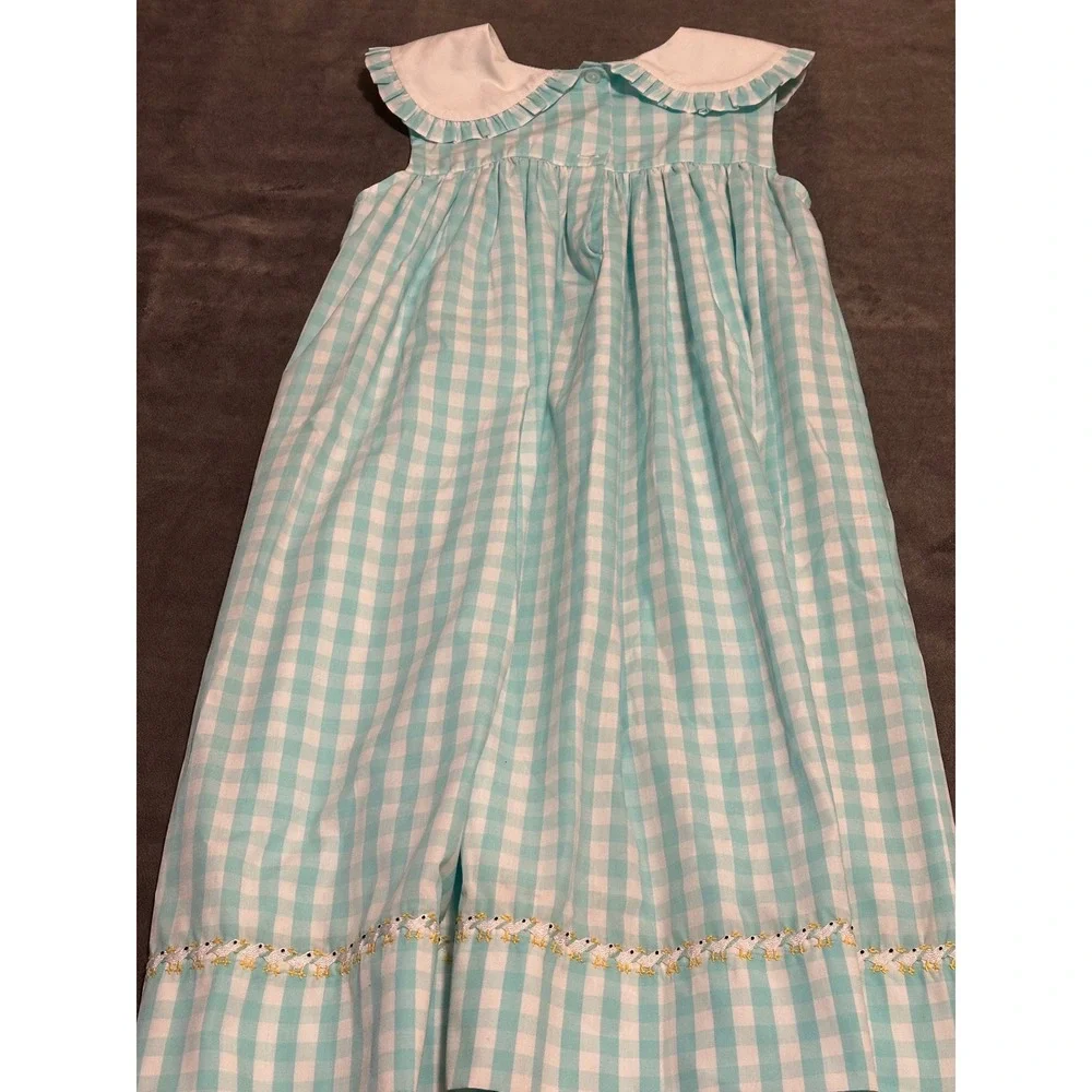 Delaney Girls Aqua Gingham Check Embroidered Ducks Ruffle Collar Dress Size 6x